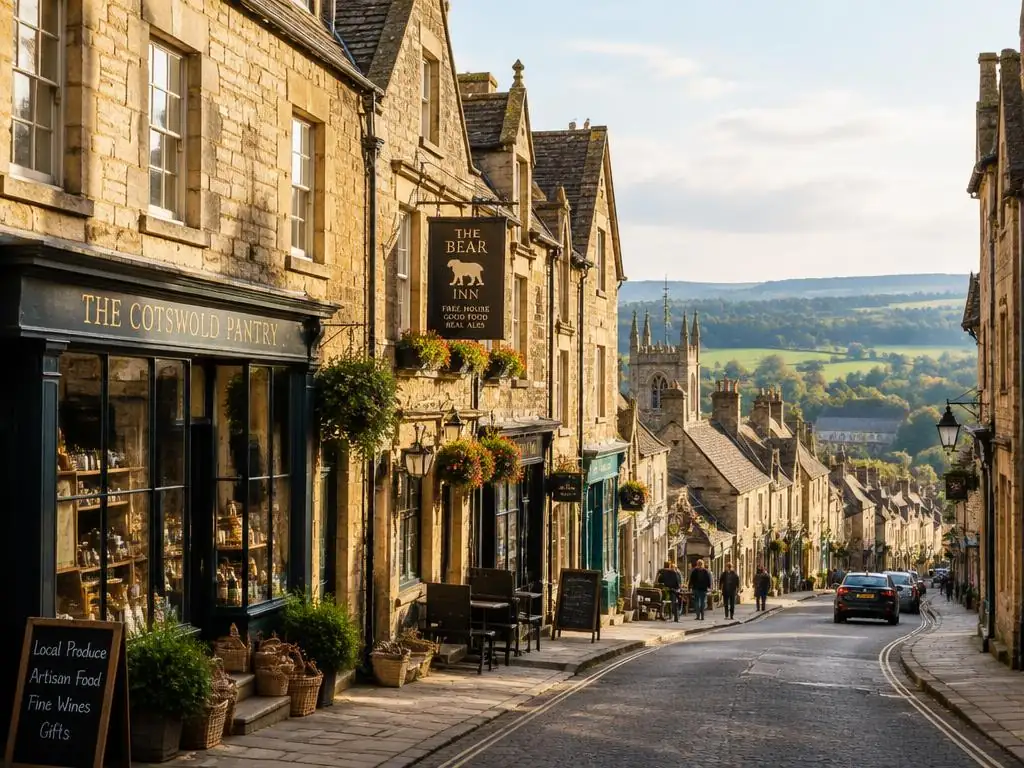 Historic sloping high street in Burford with stone shops and a pub