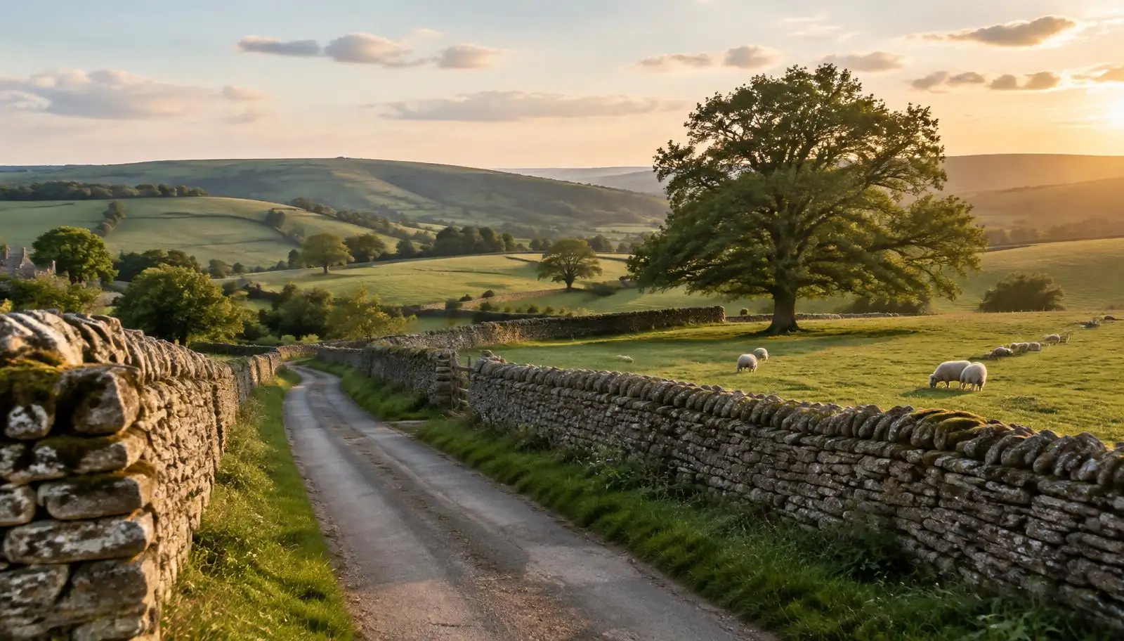 Narrow Cotswolds lane between dry stone walls with sheep grazing