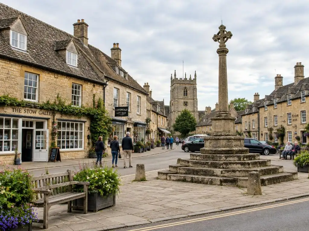 Market cross and stone buildings in Stow-on-the-Wold market square