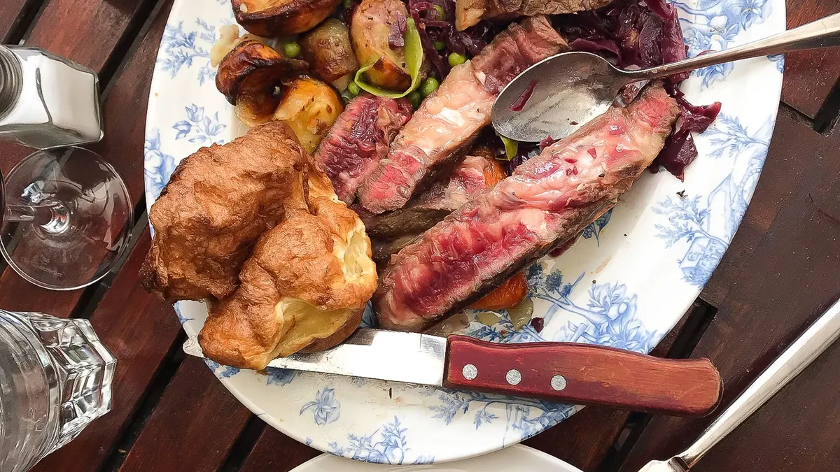 A Sunday roast with beef, Yorkshire pudding and roast potatoes